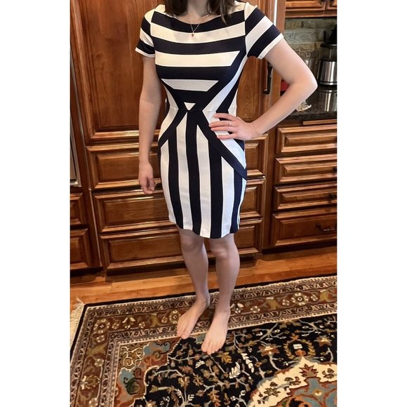 ESLEY Women's White Navy Orange Striped Knit Fitted Dress Back Zipper Sz Small - Picture 2 of 7